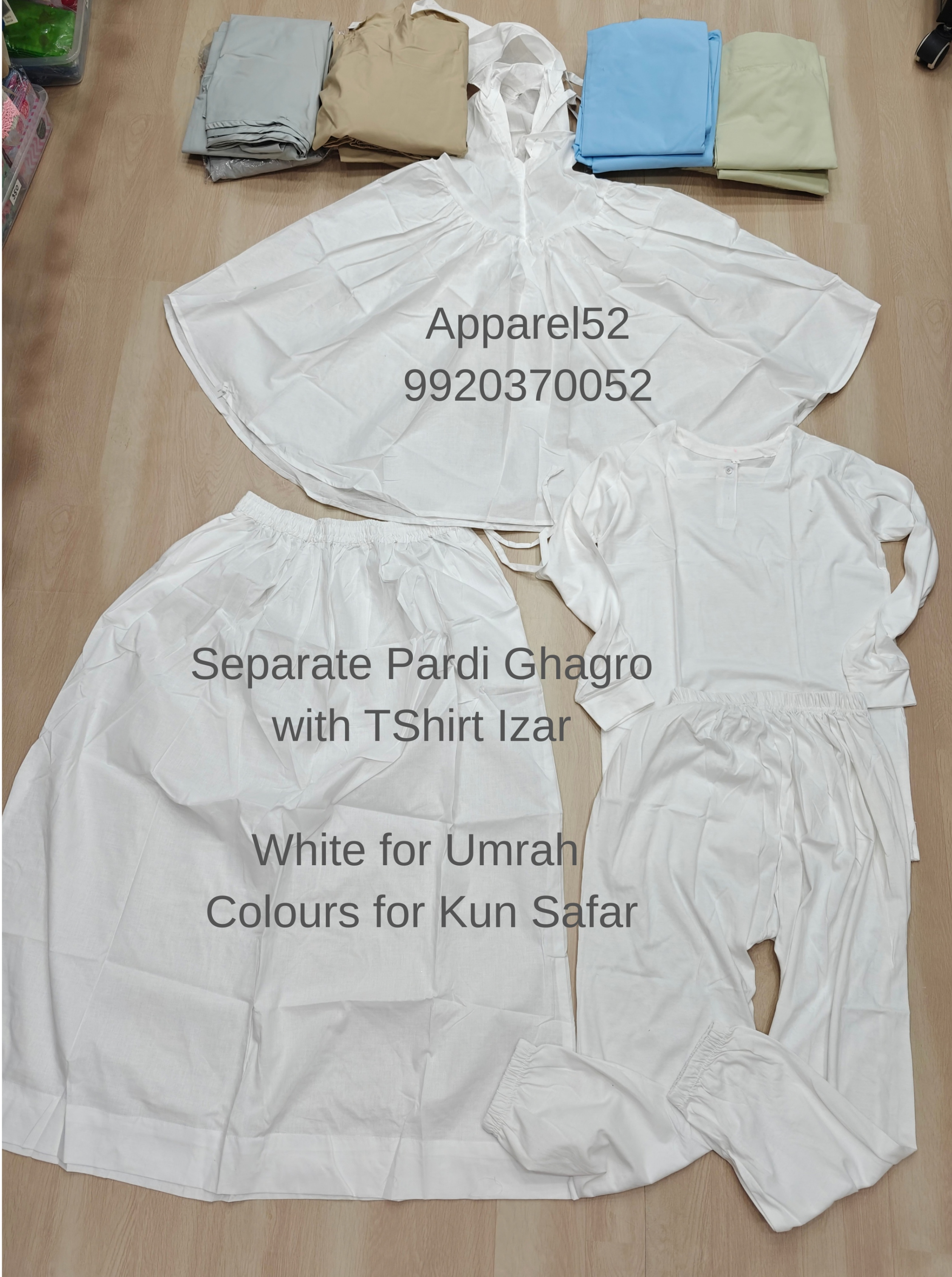  Ladies new pattern Umrah Rida with separate Pardi, Ghagro, TShirt, Izar. White for Hajj Umrah, Colours for Kun Safar, Madina, Sizes as per Ghagra length